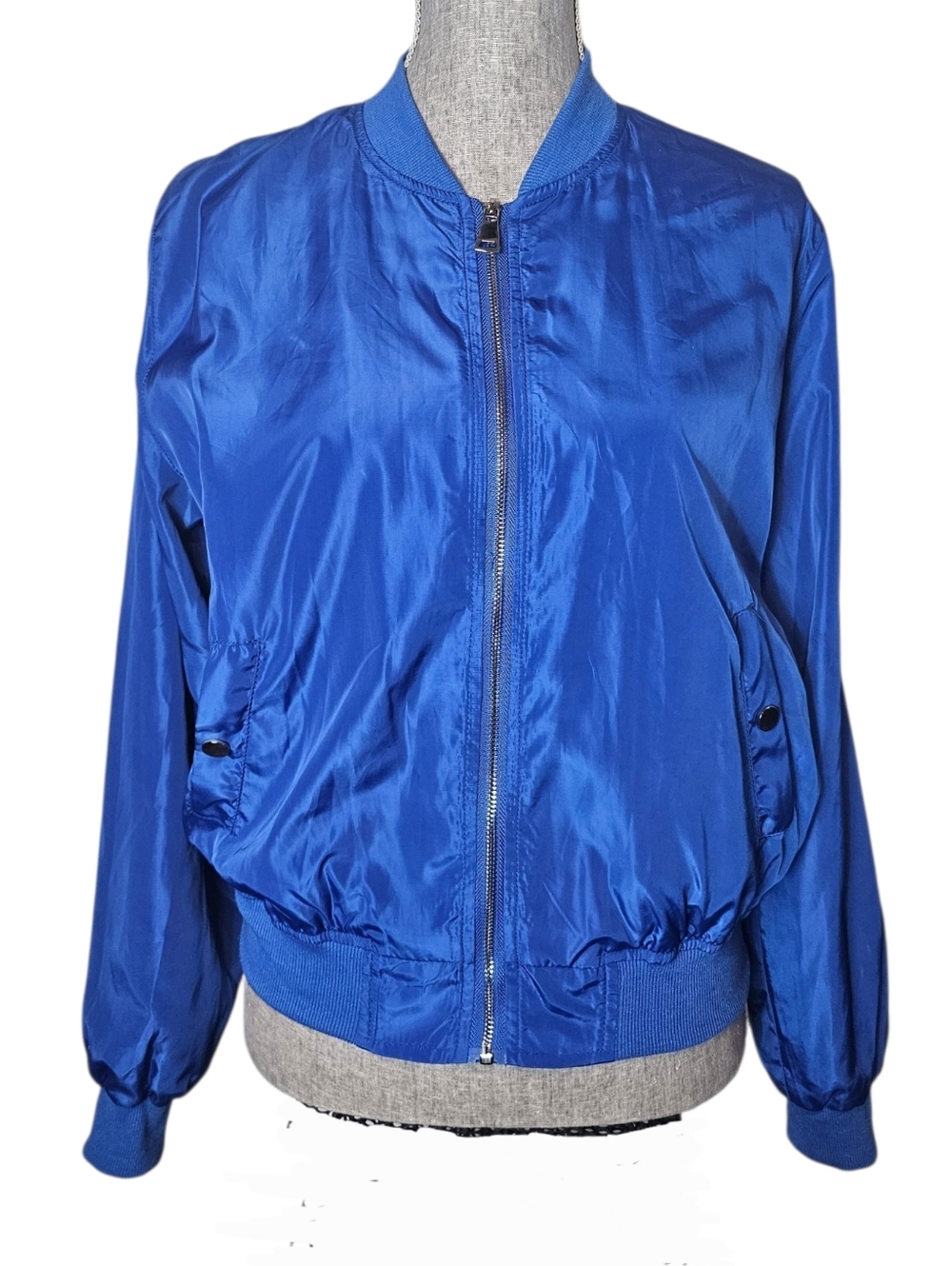 Brooklyn Karma Blue Bomber Jacket Womens Size L Lightweight Lagenlook Streetwear